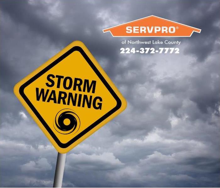 A yellow sign stating “storm warning” is shown against the backdrop of menacing clouds.